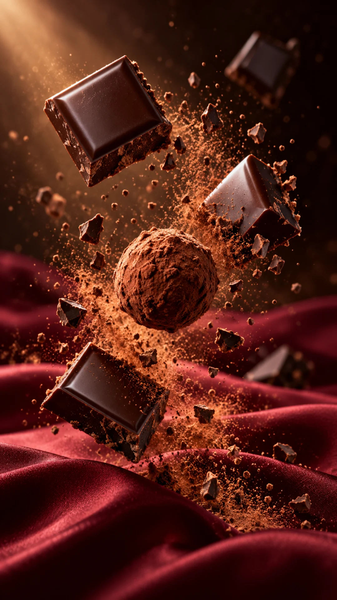 Chocolate pieces frozen in cinematic motion