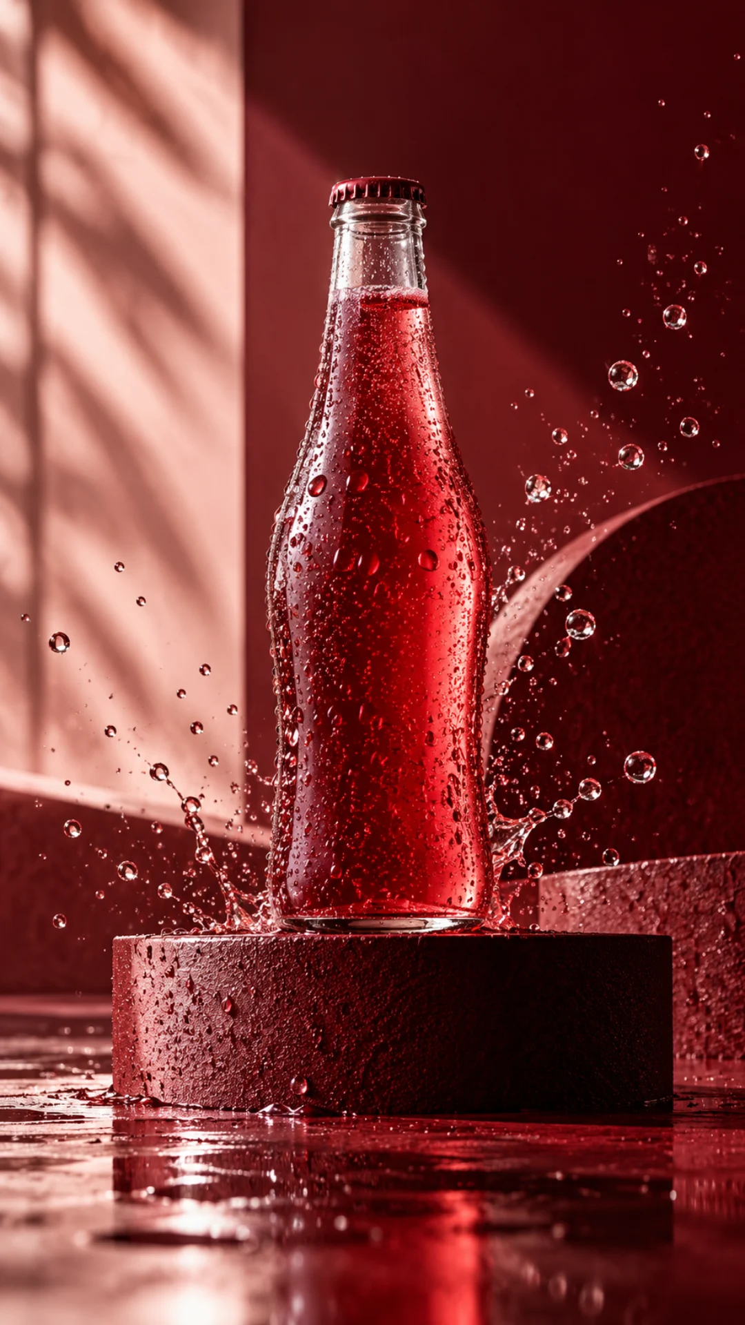 Unbranded red sparkling drink bottle in a cinematic studio set