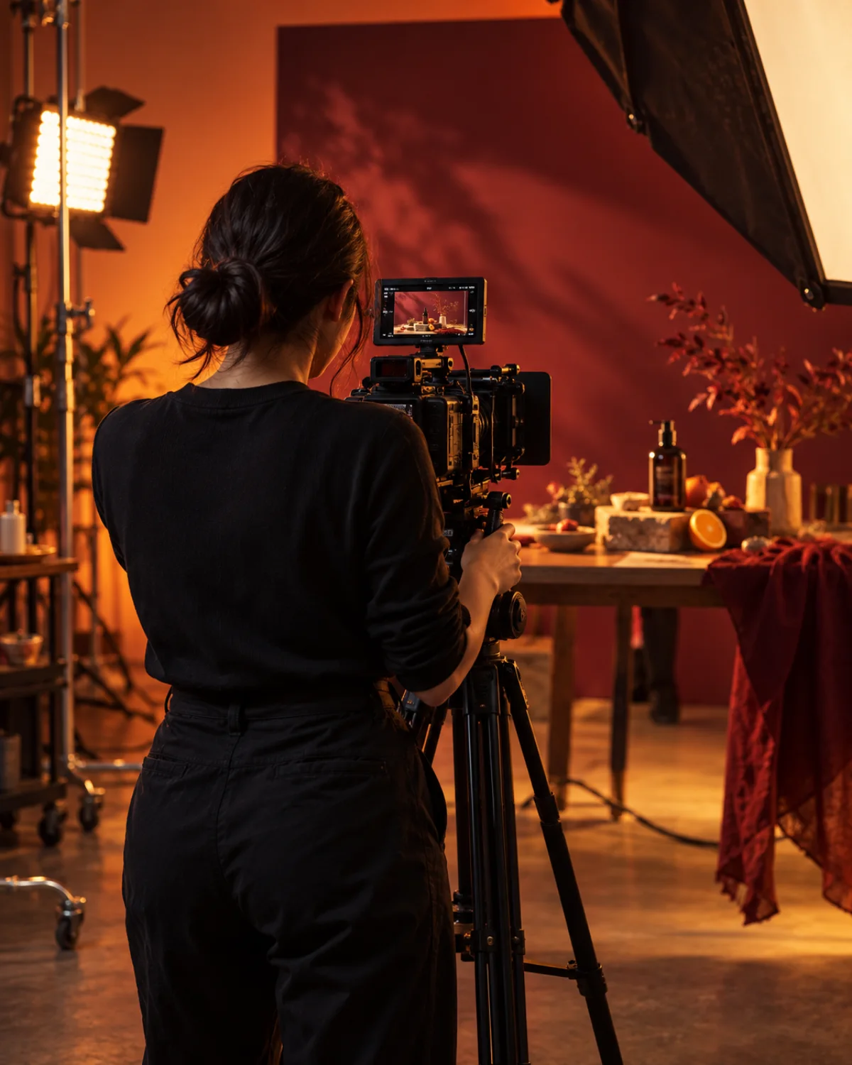 Anonymous video creator operating a cinema camera in a warm production studio